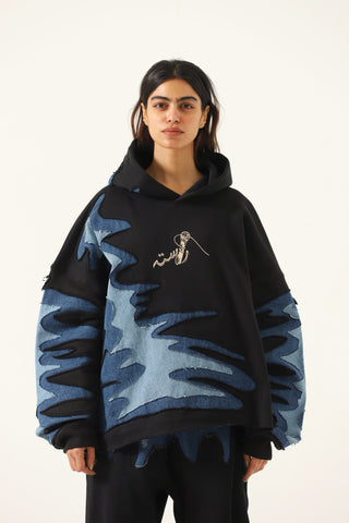 Intertwine denim and fleece hoodie