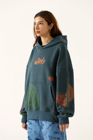 "Voyage" ash green block print hoodie