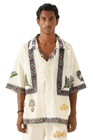 "Midcentury" block print handwoven button-down