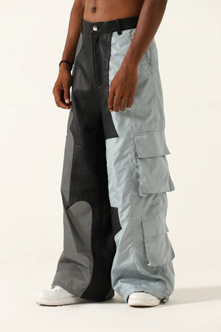 "2001" paneled leather/nylon pants