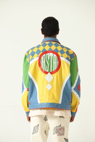 Multicolor paneled leather jacket