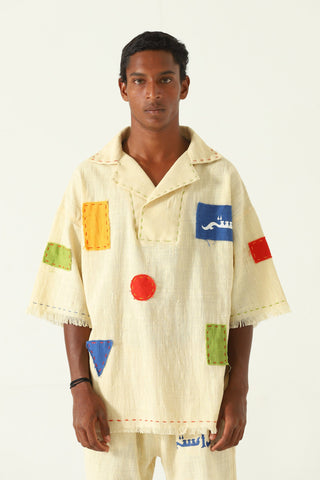 Patchwork handwoven beige polo