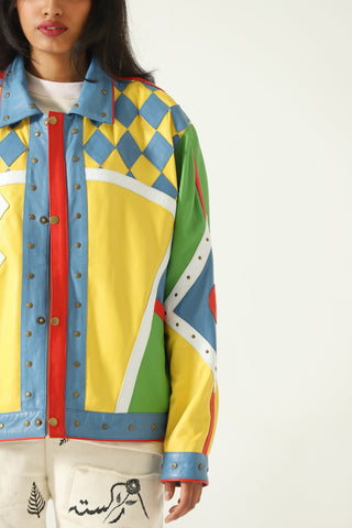 Multicolor paneled leather jacket