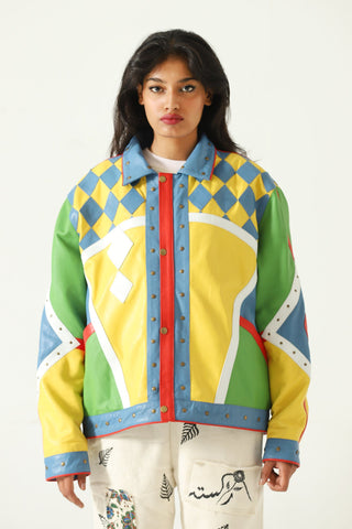 Multicolor paneled leather jacket