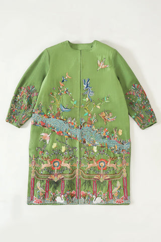 Hand-Embroidered emerald silk long coat