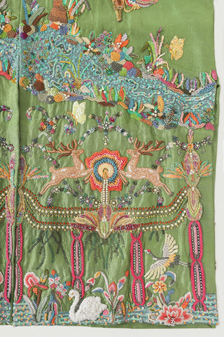 Hand-Embroidered emerald silk long coat