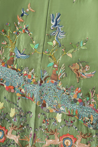 Hand-Embroidered emerald silk long coat