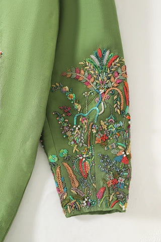 Hand-Embroidered emerald silk long coat