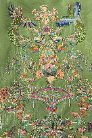 Hand-Embroidered emerald silk long coat