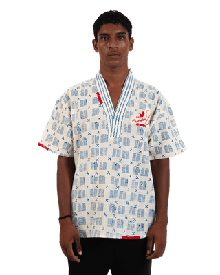 "Azure echo" handwoven and handblockprinted polo