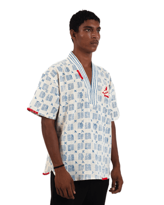 "Azure echo" handwoven and handblockprinted polo