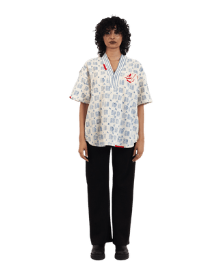 "Azure echo" handwoven and handblockprinted polo
