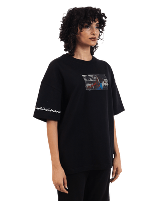 "Perpetual motion" oversized black T-shirt