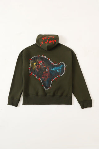 "Waqt" patchwork olive green hoodie
