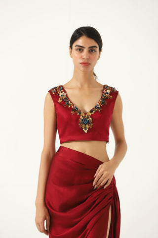 Embroidered maroon silk ensemble