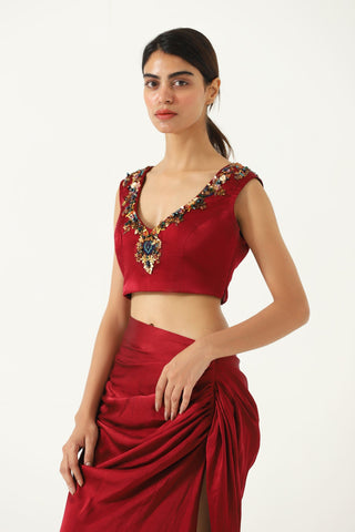 Embroidered maroon silk ensemble