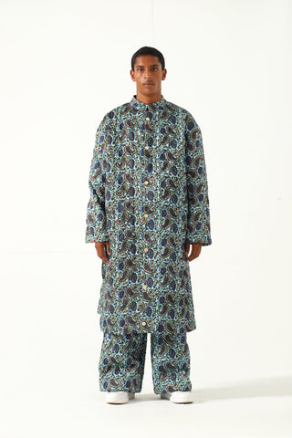 Quilted silk block print long coat