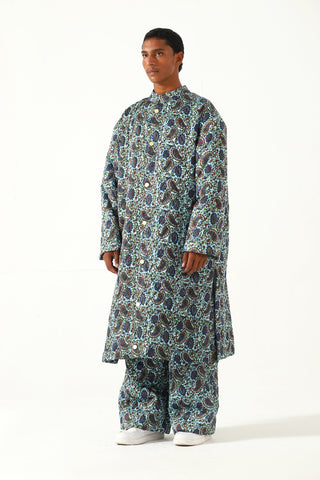 Quilted silk block print long coat