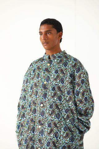 Quilted silk block print long coat