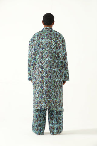 Quilted silk block print long coat