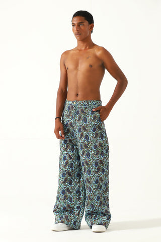 Quilted silk block print trousers