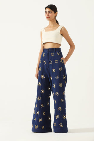 Hand embelished denim trousers