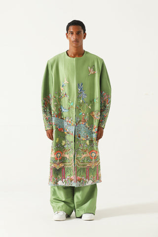 Hand-Embroidered emerald silk long coat