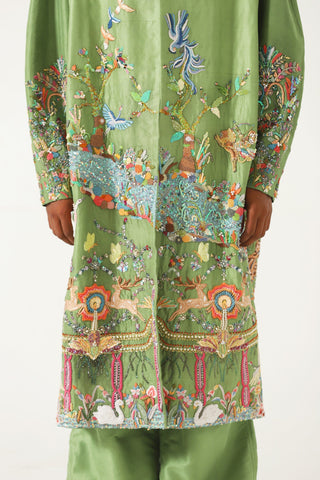 Hand-Embroidered emerald silk long coat