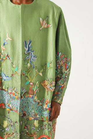 Hand-Embroidered emerald silk long coat