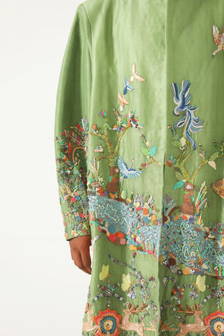Hand-Embroidered emerald silk long coat