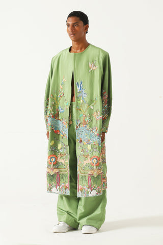 Hand-Embroidered emerald silk long coat