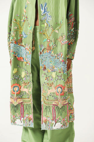 Hand-Embroidered emerald silk long coat