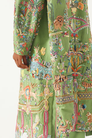 Hand-Embroidered emerald silk long coat