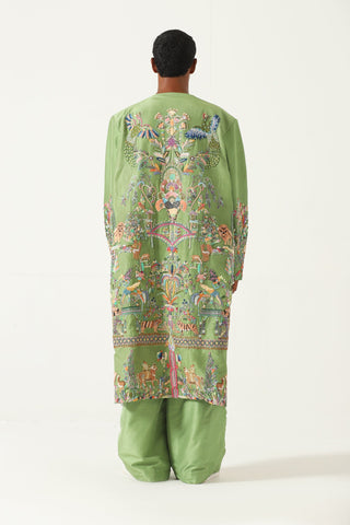 Hand-Embroidered emerald silk long coat