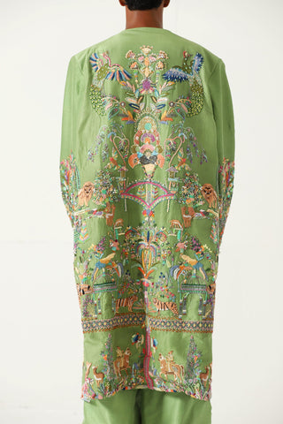 Hand-Embroidered emerald silk long coat