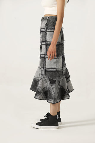 Upcycled panel denim skirt