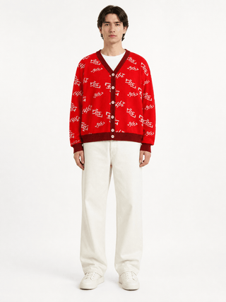 "1947" knit cardigan — AI webshoot, front full view, male model, white studio background