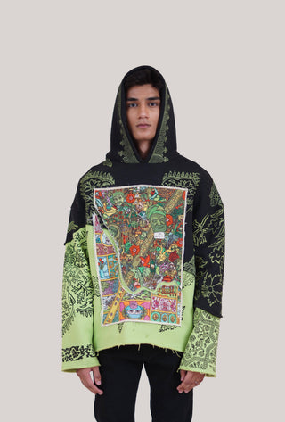 Distressed Panel Block Print Hoodie - Rastah