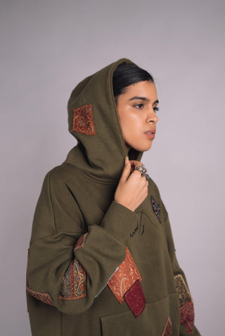 Olive Green Jamawar Patchwork Hoodie - Rastah