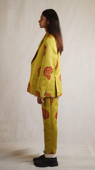 Lime Green Printed Oversized Silk Blazer - Rastah