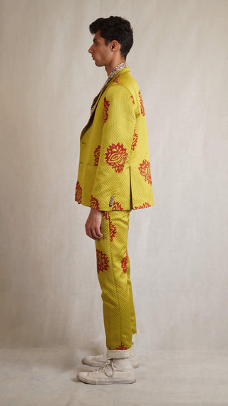 Lime Green Printed Oversized Silk Blazer - Rastah