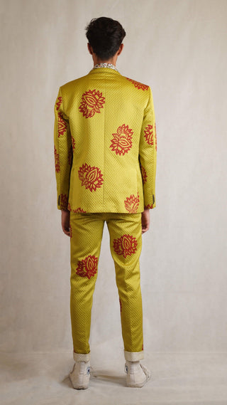 Lime Green Printed Oversized Silk Blazer - Rastah
