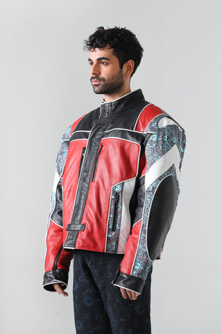 "After hours" block print biker jacket