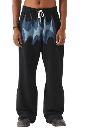 PANELED FLEECE AND DENIM SWEATPANTS