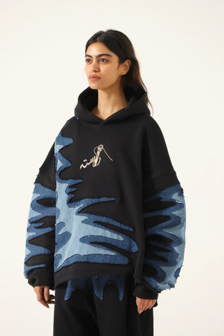 'INTERTWINE DENIM AND FLEECE HOODIE