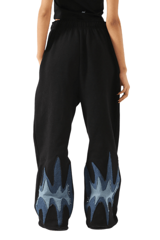 PANELED FLEECE AND DENIM SWEATPANTS