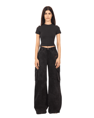 BLACK ACID WASH DENIM CARGO PANTS