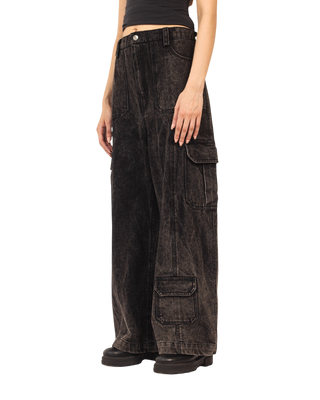 BLACK ACID WASH DENIM CARGO PANTS