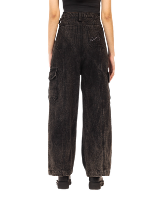 BLACK ACID WASH DENIM CARGO PANTS