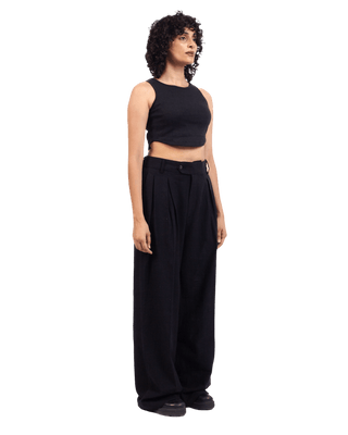 BLACK KHADDAR DOUBLE-PLEATED TROUSERS